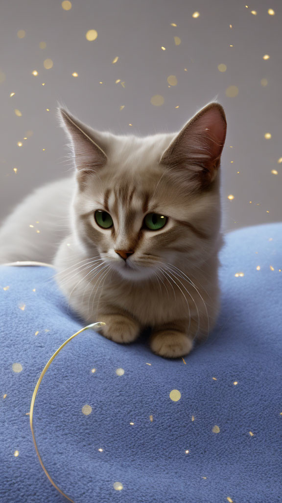 Fluffy Light-Colored Cat with Green Eyes on Blue Fabric with Golden Sparkles
