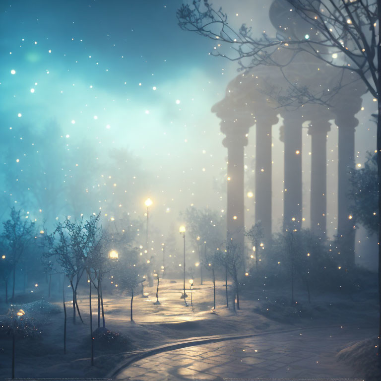 Nighttime scene with glowing lanterns, trees, classical columns, and floating lights under a starry
