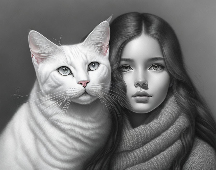 Monochromatic digital artwork of girl with long hair and white cat