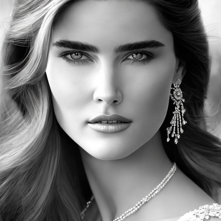 Intense-eyed woman in elegant black and white portrait with sparkling jewelry.