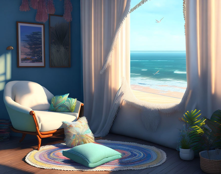 Tranquil beachside room with comfy chair and ocean view