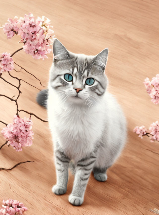 Grey and White Striped Cat with Blue Eyes Beside Pink Cherry Blossoms
