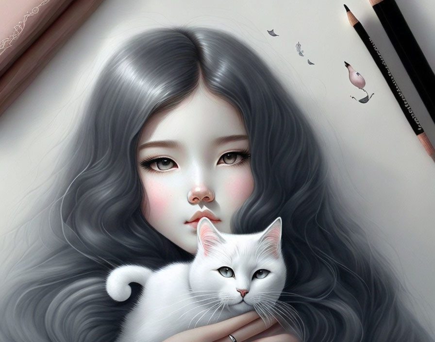 Illustrated portrait of girl with grey hair holding white cat and pencil, bird drawings in background