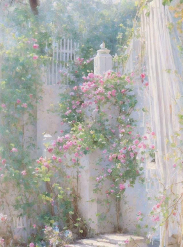 Tranquil garden scene with sun-dappled walls and pink roses by white gate