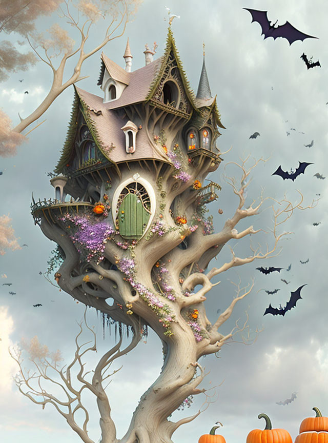 Gothic architecture treehouse with bats and pumpkins in cloudy sky
