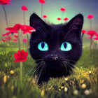 Black Cat with Blue Eyes Among Red and Yellow Flowers