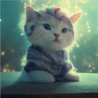 Fluffy grey-striped kitten with turquoise eyes and pink rose on head in soft glowing lights
