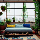 Plant-filled cozy bedroom with large window, scenic view, vibrant bedding, colorful rug, teacups