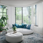 Sunlit Room with White Sofa, Blue Cushions, Ottoman, Lamps, and Greenery View