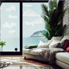 Seaside bedroom with ocean view, sailing boats, and vibrant flowers