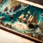 Vintage sailing ships on map depicted in 3D perspective