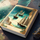 Realistic sailing ships on sea map with compass and coasts