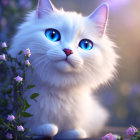 Fluffy white cat with blue eyes in purple flower setting