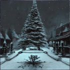 Snowy scene with large fir tree, traditional buildings, and spires under twilight sky