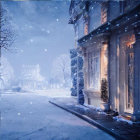 Snowy Street with Christmas Decorations in Blue Hour