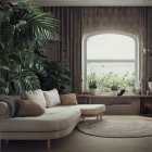 Sophisticated classic living room with white couch, gold-trimmed decor, plants, and high