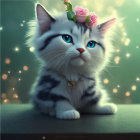 Fluffy Cat with Blue Eyes and Pink Flower Crown on Bokeh Background