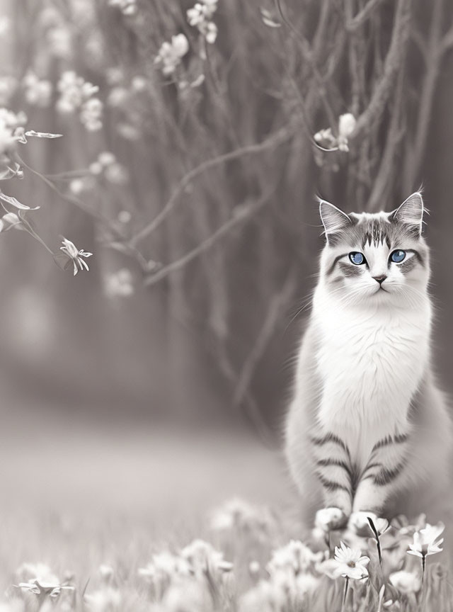 Black and White Photo: Cat with Striking Blue Eyes Among Flowers