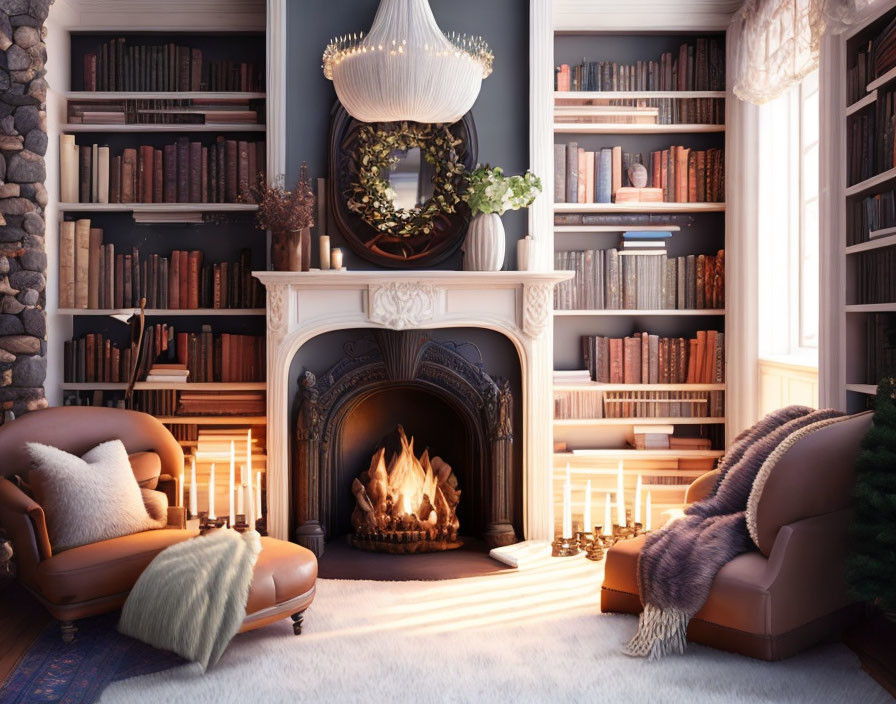 Cozy reading nook with fireplace, bookshelves, leather chairs, candles, and throw blanket