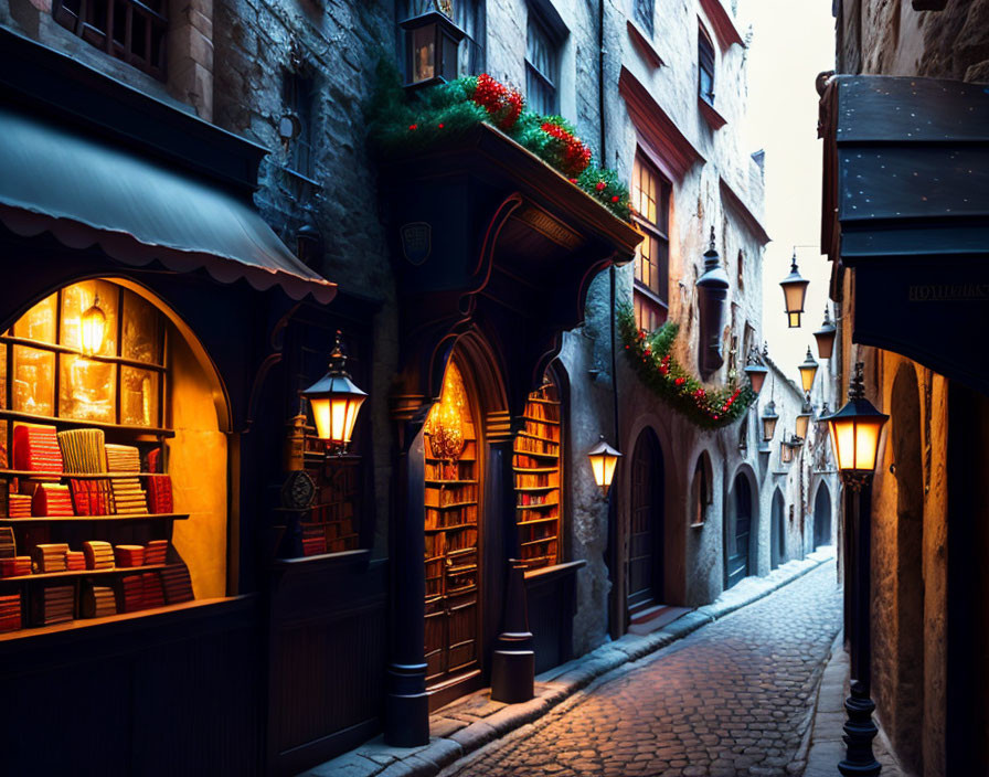 Charming cobblestone alley with festive decorations and bookshop window glow