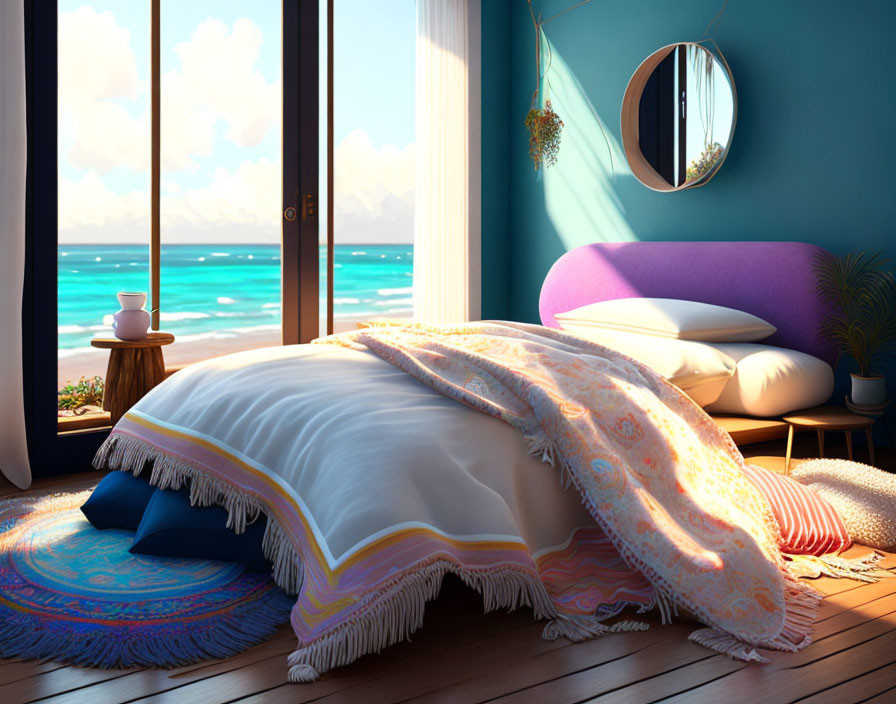 Ocean-view bedroom with white ornate bed and blue wall mirror