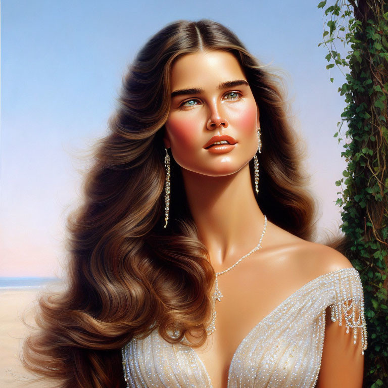 Portrait of woman with long brown hair, blue eyes, earrings, off-shoulder dress, beach