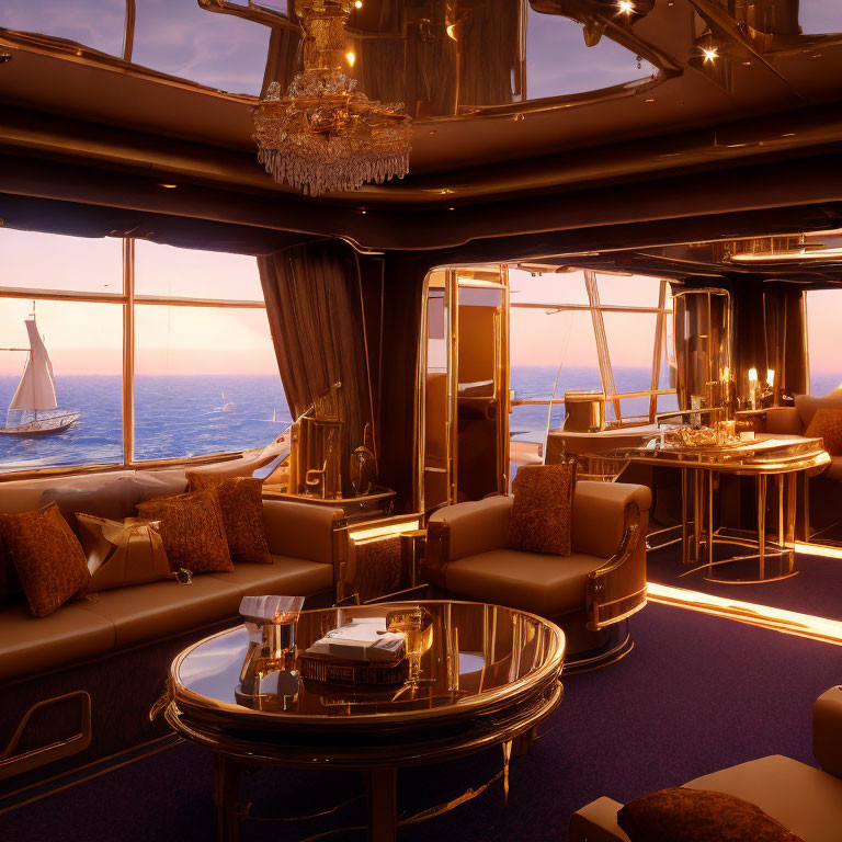 Luxurious yacht interior with plush seating, crystal chandelier, and ocean view.