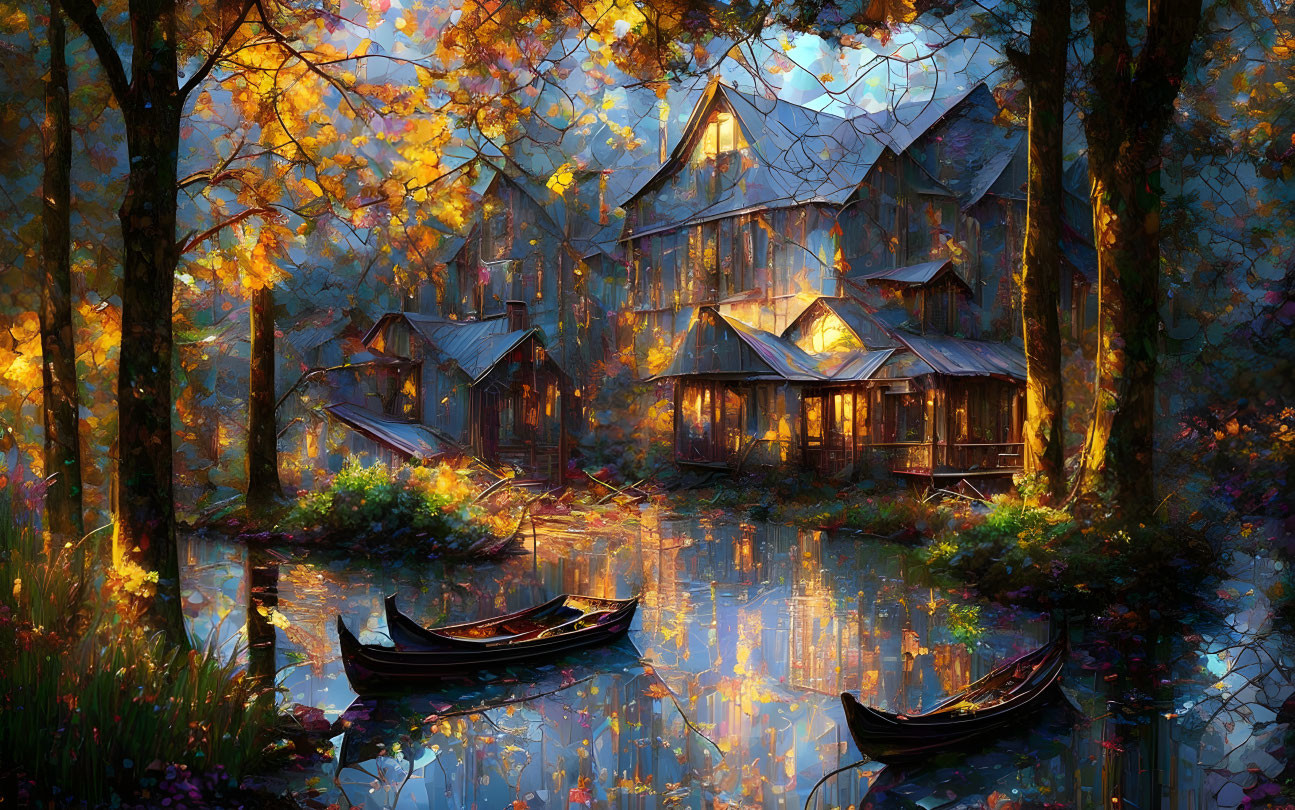 Tranquil forest scene with cozy houses by river