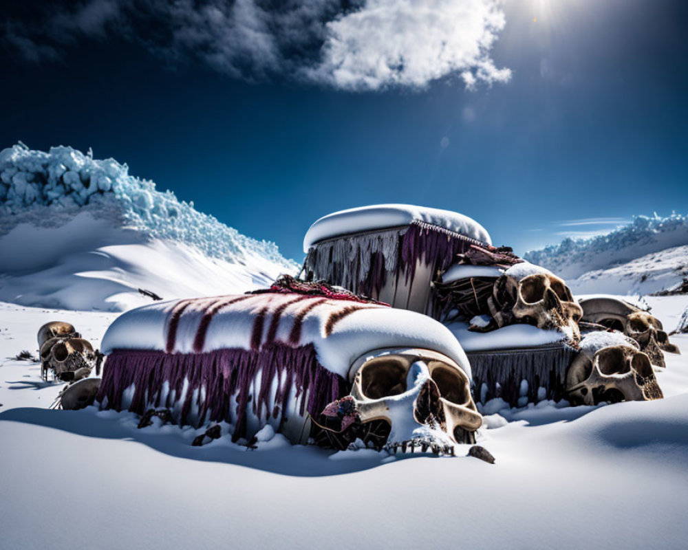 Snow-covered landscape featuring two sofas draped in purple fabric and adorned with animal skulls under a blue sky.