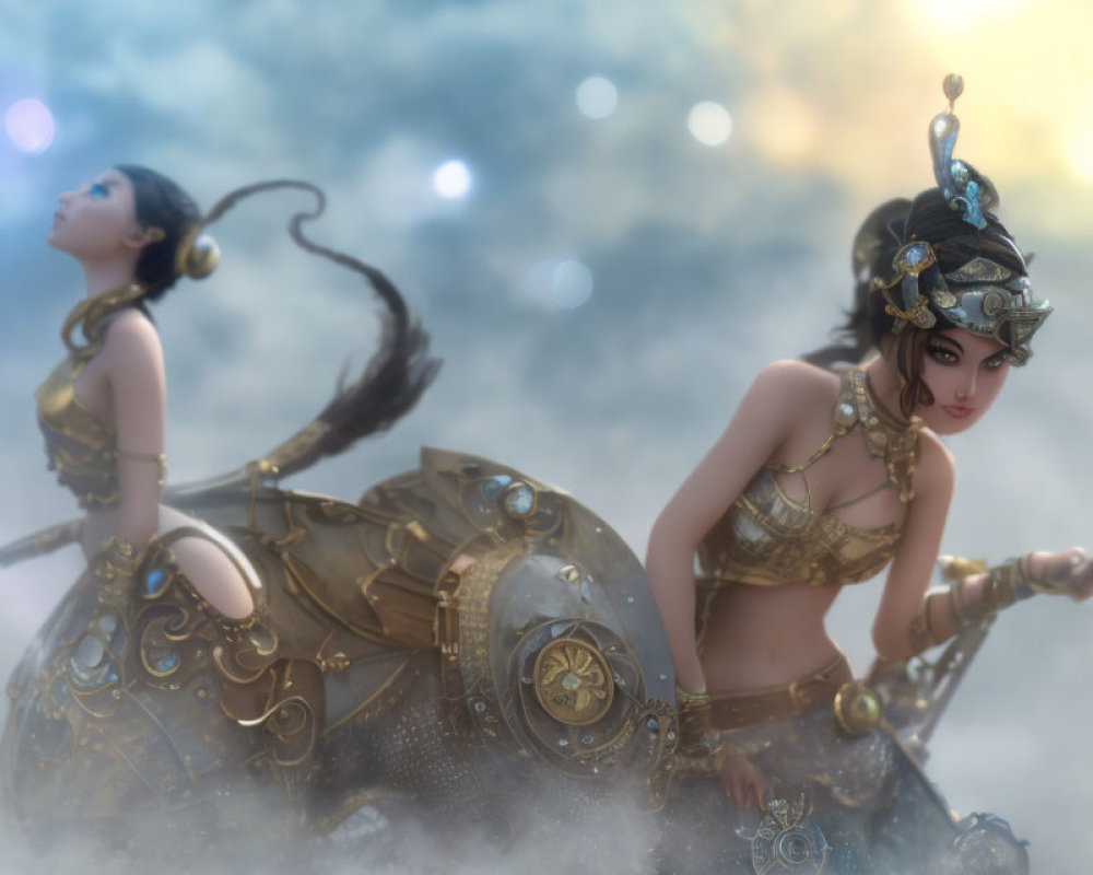 Two Women in Ornate Golden Armor with Steampunk Aesthetic in Dreamlike Setting
