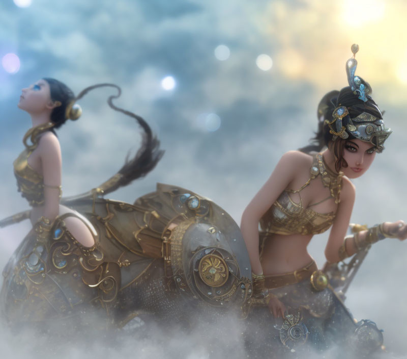 Two Women in Ornate Golden Armor with Steampunk Aesthetic in Dreamlike Setting