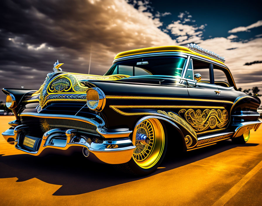 Vintage car with yellow pinstripes, chrome details, and custom wheels under dramatic sky