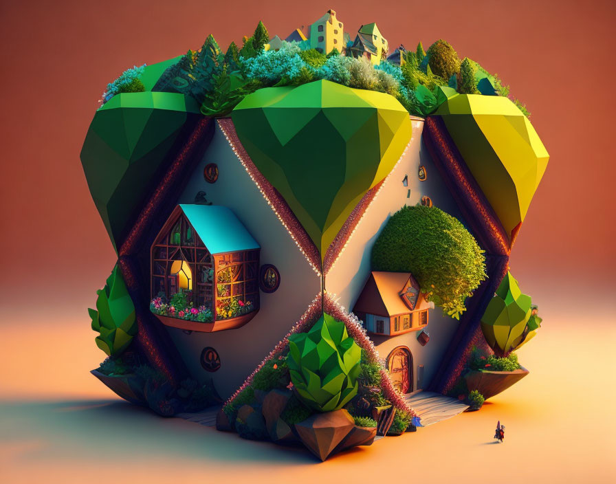 Surreal cubic landscape with vibrant greenery and floating island aesthetic