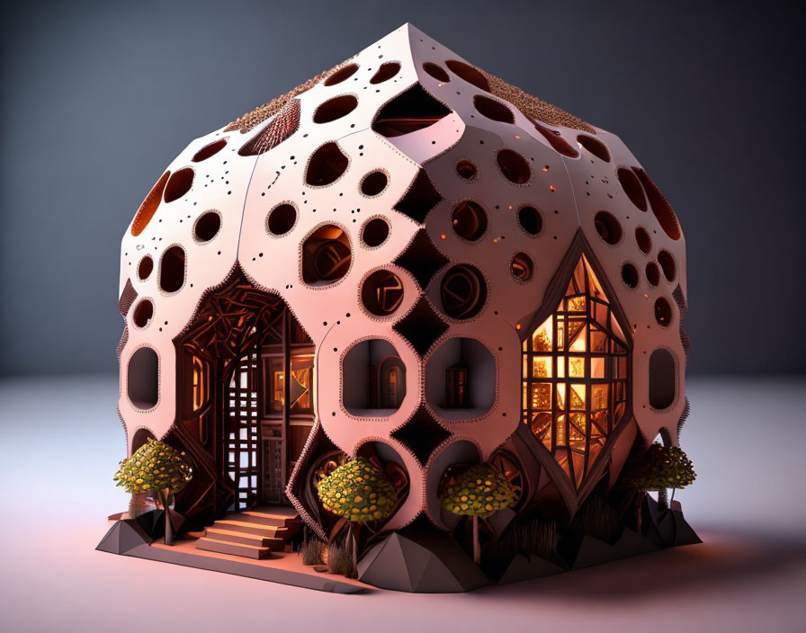 Futuristic dome-shaped house with geometric windows and stylized trees