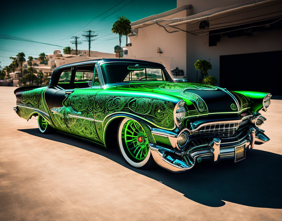 Classic Car with Green and Black Intricate Designs Parked Outdoors
