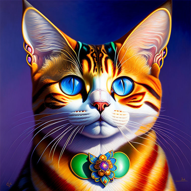 Vivid Cat Painting with Blue Eyes and Jewel on Purple Background