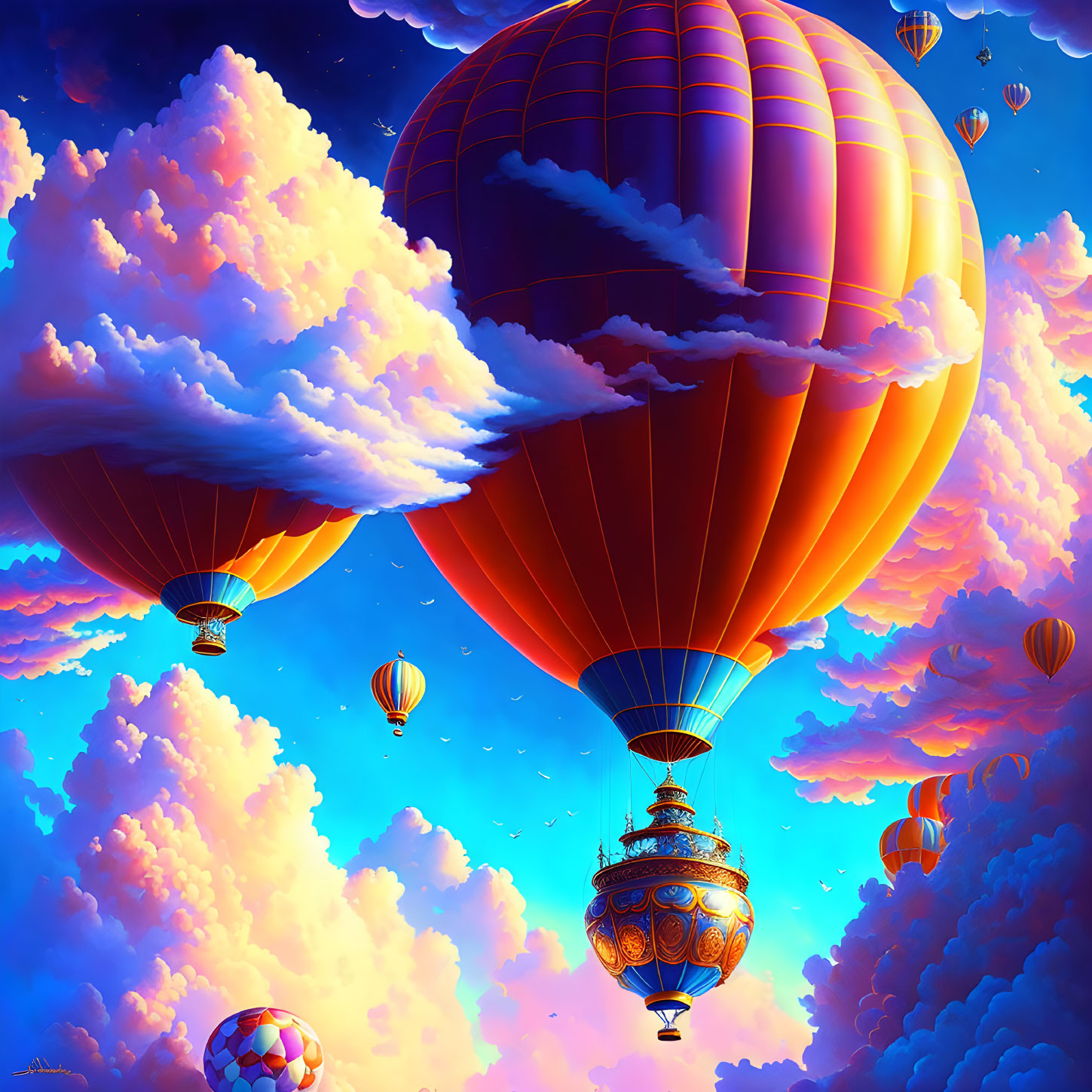 Colorful hot air balloons float in blue sky at sunset