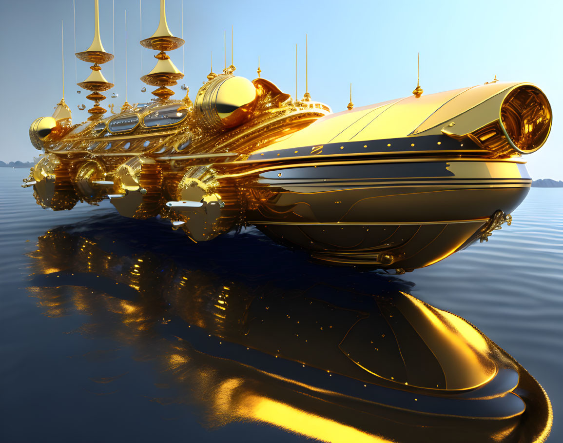Golden ornate futuristic submarine on calm waters