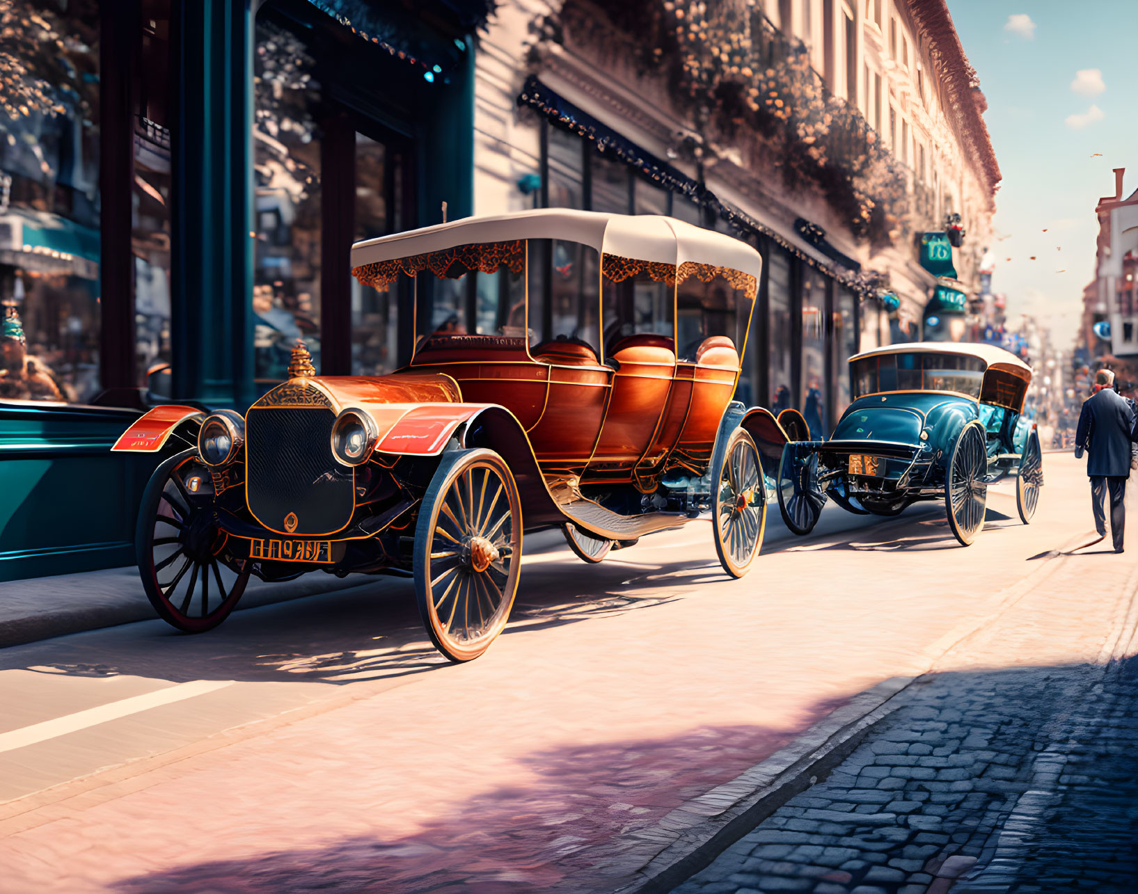 Vintage Cars on Sunny City Street with Cobblestones and Modern Buildings