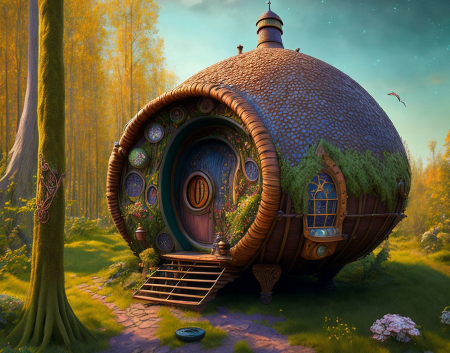 Whimsical round house with dome roof in magical forest