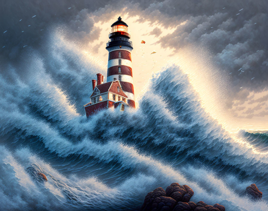 Stormy Sky Lighthouse Scene with Bird and Piercing Light