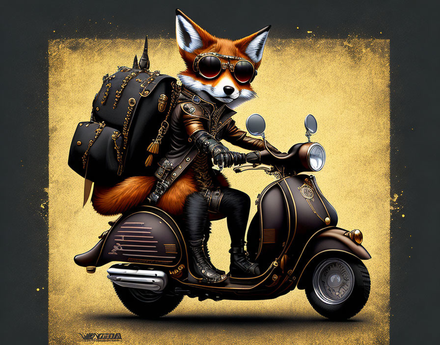 Anthropomorphic fox in biker outfit rides vintage scooter with grunge background