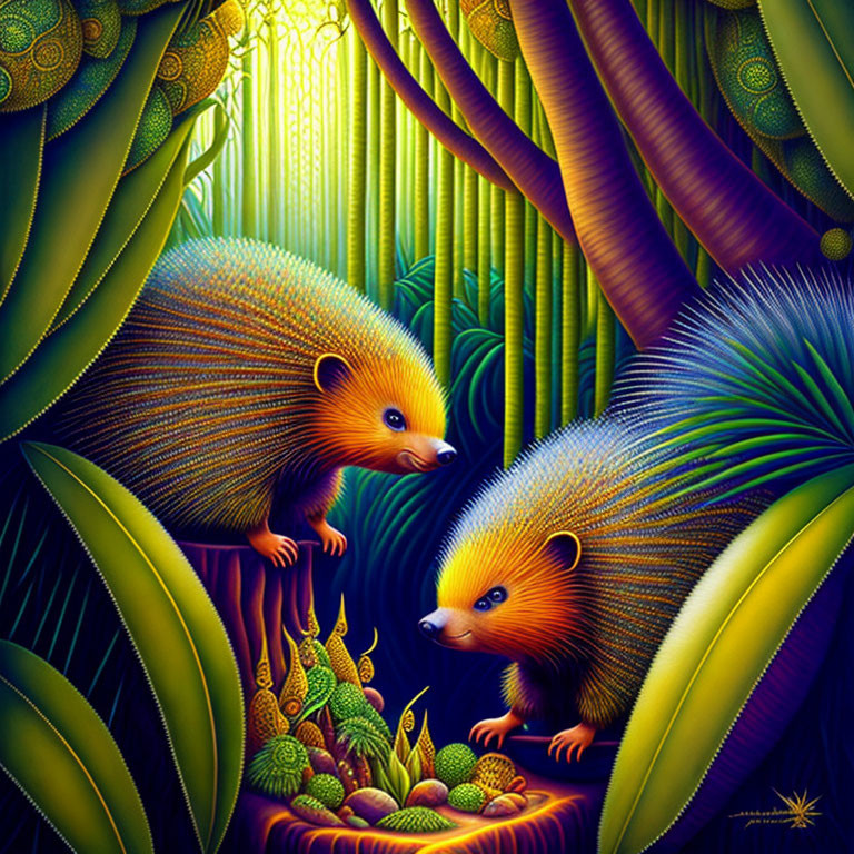 Colorful Stylized Hedgehogs in Tropical Environment