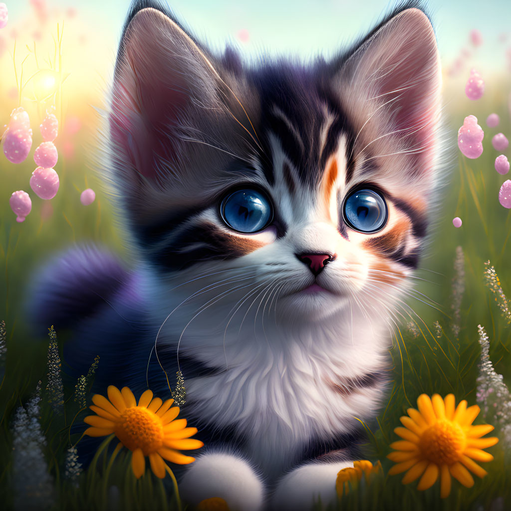Fluffy Tabby Kitten with Blue Eyes in Sunny Meadow