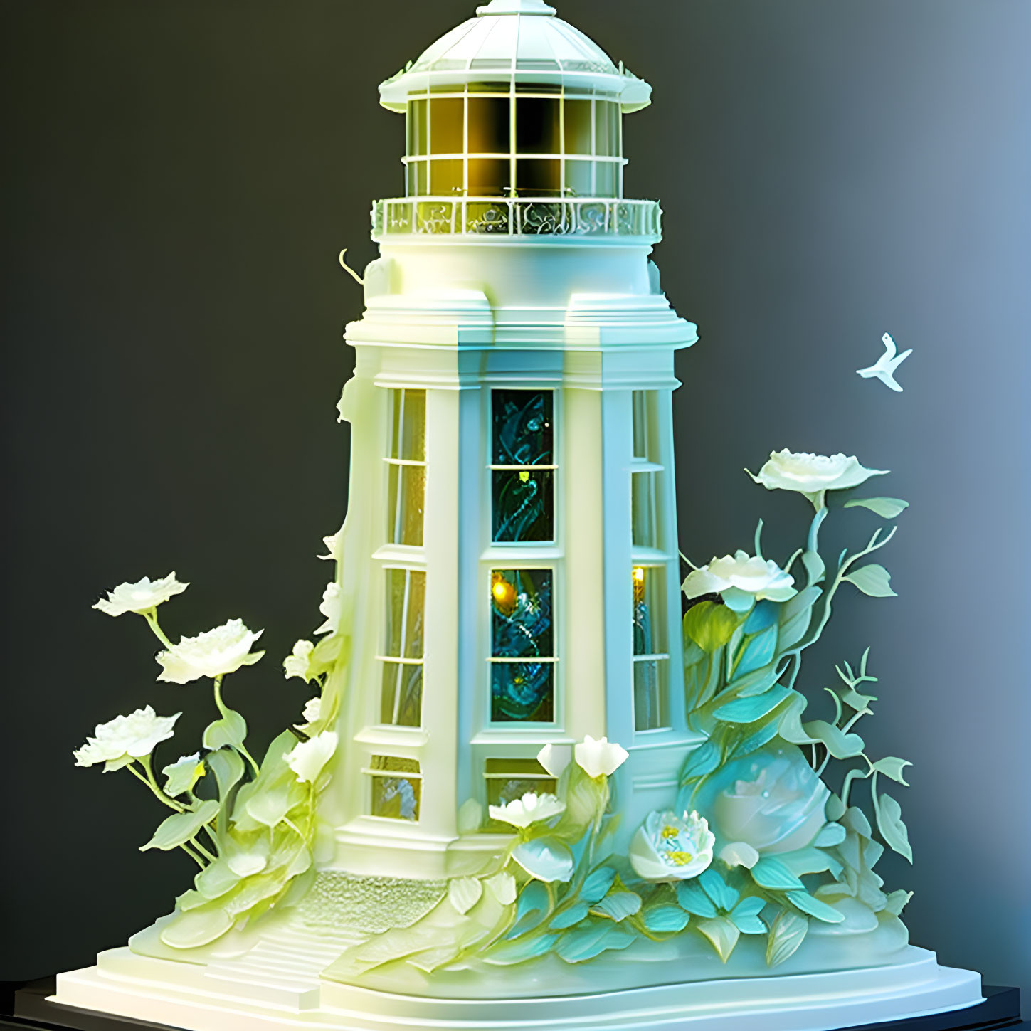 Illustrated lighthouse with green vines and white flowers in soft glow on dark background.
