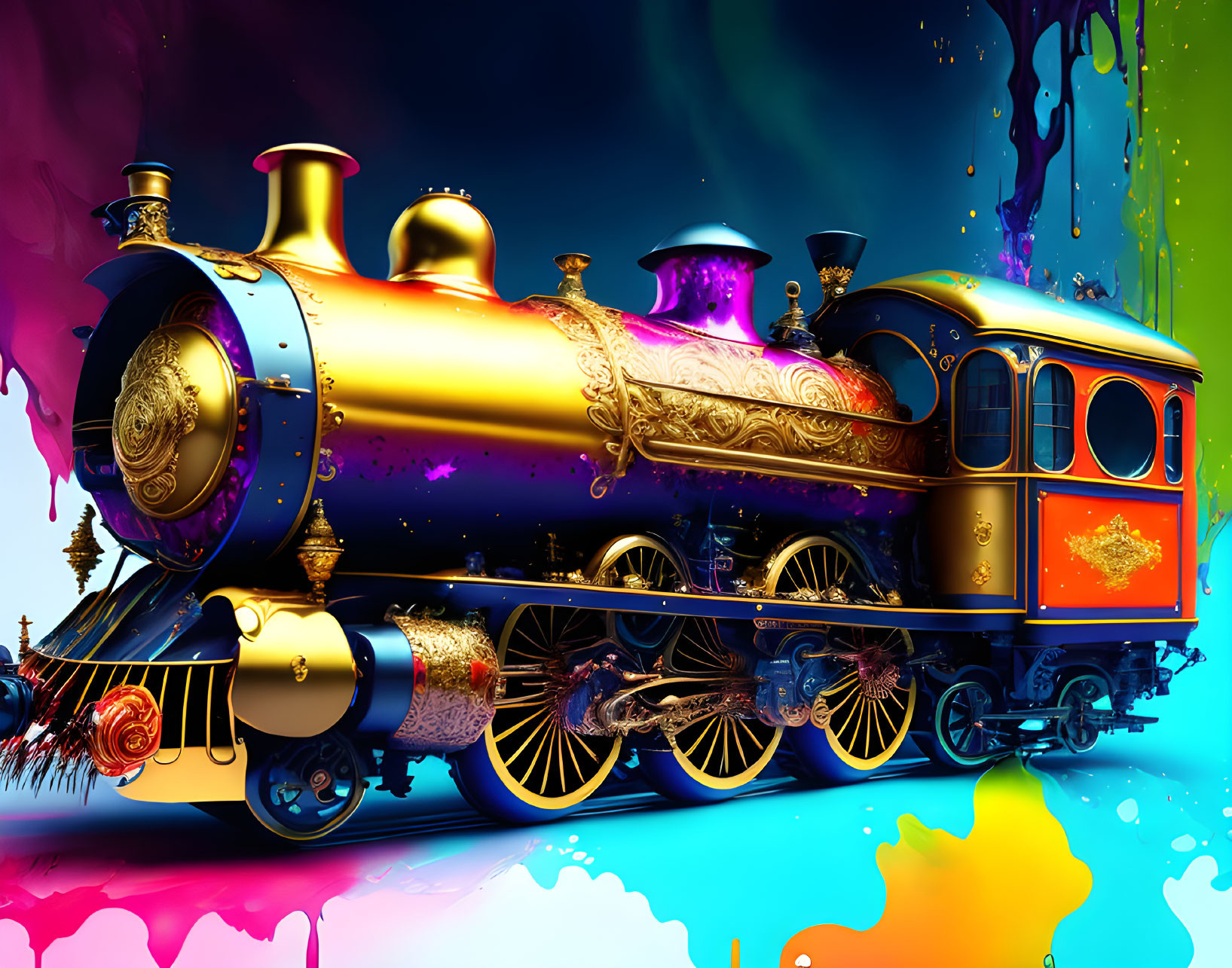 Colorful Fantasy Train with Golden Accents on Rainbow Background