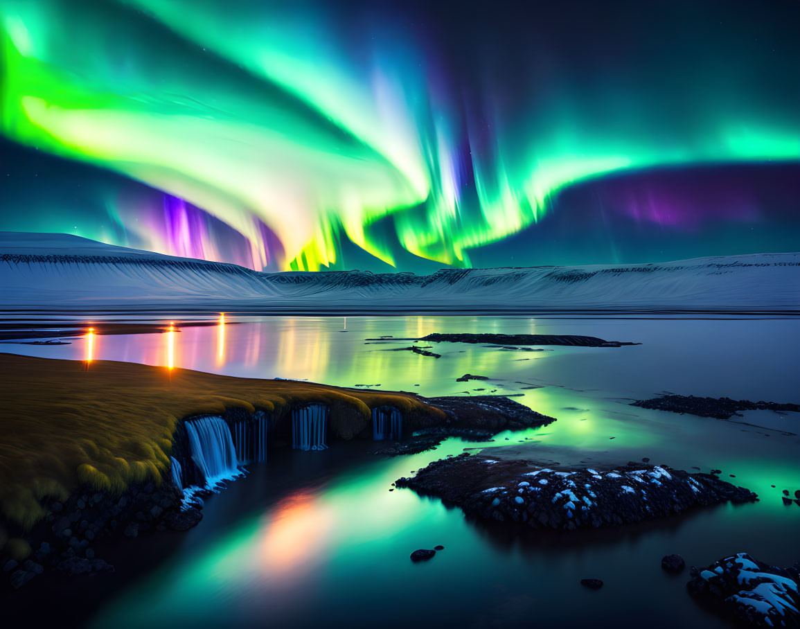 Colorful aurora borealis above serene landscape with waterfall & reflective water