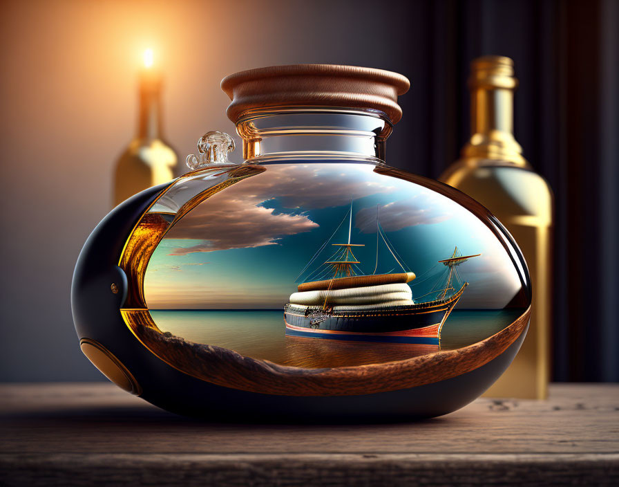 Spherical bottle with ship inside against sunset backdrop