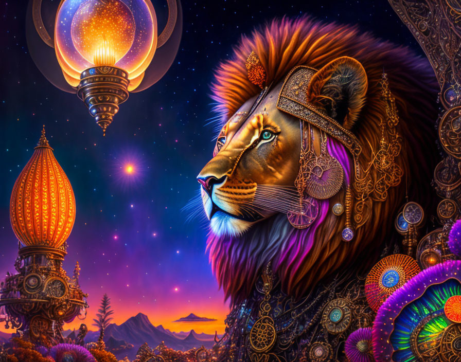 Majestic lion with ornamental headdress under vibrant starry sky