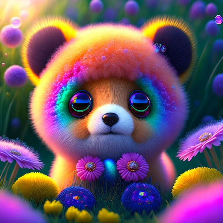 Rainbow-colored fluffy creature in cartoon style among vibrant flowers and grass